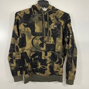 Under Armour Mens Rival Fleece Hoodie Olive Green Black camouflage Logo Print SM